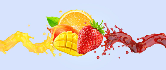 Healthy strawberry, orange, mango fruit juices liquid swirls splashes. Fruits juice liquids splashing together. Orange, mango, strawberry juice in two swirls. Cocktail drink design.. 3D