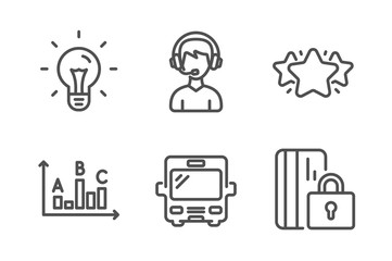 Star, Bus and Idea icons simple set. Consultant, Survey results and Blocked card signs. Favorite, Tourism transport. Business set. Line star icon. Editable stroke. Vector