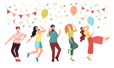 Young people at the party rejoice and dance. Happy men and women celebrate an important birthday or anniversary. Vector illustration