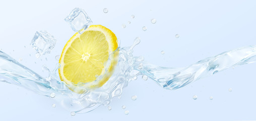 Fresh cold pure flavored water with lemon wave splash. Lemon fruit infused water or lemonade wave swirl. Healthy flavored detox drink splash concept with lemon fruit and ice cubes. 3D