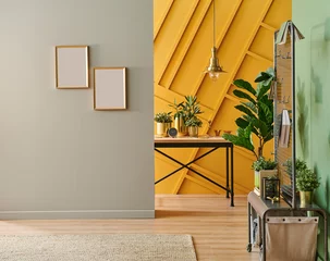 Gardinen Farbenfroh Home room interior style with brown and yellow background, wooden table, vase of plant.  © UnitedPhotoStudio