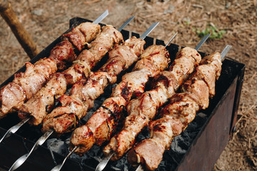 Closeup of some meat skewers being grilled in a barbecue