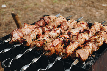 Closeup of some meat skewers being grilled in a barbecue