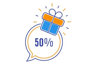 50% off Sale. Discount offer price sign. Special offer symbol. Loyalty sale tag. Speech bubble banner. Gift box badge. Vector