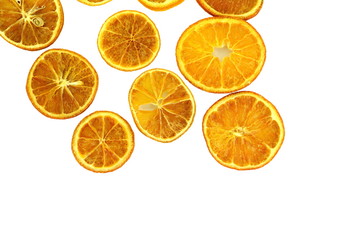 Dried orange slices isolated on white background.