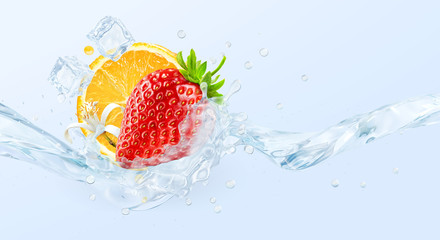 Fresh cold pure flavored ice water with strawberry and orange wave splash. Clean infused water wave splash with berries. Healthy flavored detox drink splash concept with ice cubes. 3D