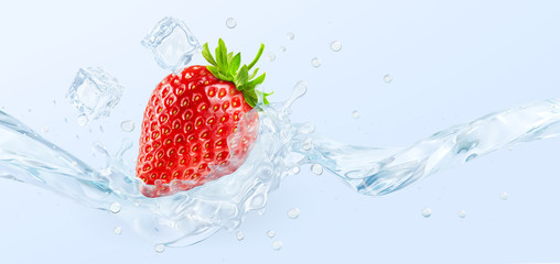 Fresh cold pure flavored water with strawberry wave splash. Clean infused water or liquid fluid wave splash with berries. Healthy flavored detox drink splash concept with ice cubes. 3D