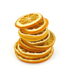 Dried orange slices isolated on white background.