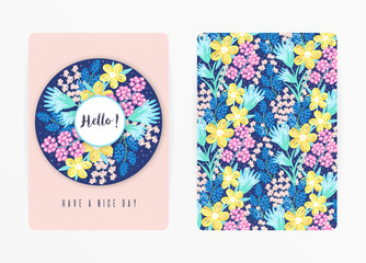 Obraz premium Cover design with floral pattern. Hand drawn creative flowers. Colorful artistic background with blossom. It can be used for invitation, card, cover book, notebook. Size A4. Vector illustration, eps10