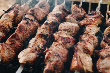 Closeup of some meat skewers being grilled in a barbecue