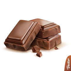 3d realistic isolated vector icon, three pieces of milk or dark chocolate with crumbs