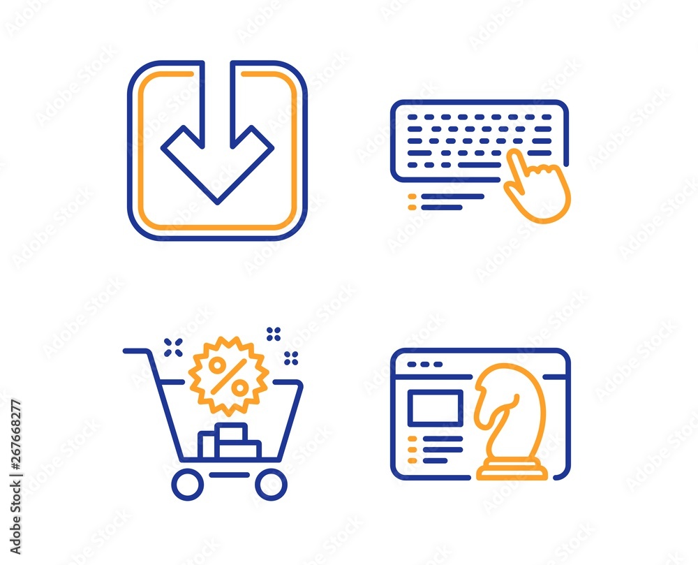 Poster shopping cart, computer keyboard and load document icons simple set. seo strategy sign. discount, pc