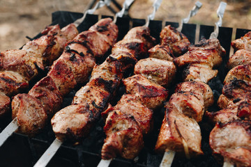 Closeup of some meat skewers being grilled in a barbecue