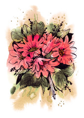 Bouquet of hand-drawn graphic flowers on a watercolor background.