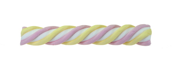 Colorful marshmallows candy isolated on white background. Close-up image of fluffy colored...