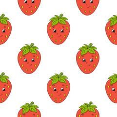 Happy strawberry. Colored seamless pattern with cute cartoon character. Simple flat vector illustration isolated on white background. Design wallpaper, fabric, wrapping paper, covers, websites.
