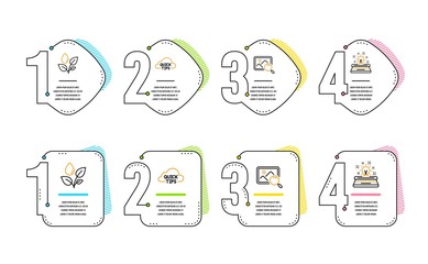 Quick tips, Search photo and Plants watering icons simple set. Typewriter sign. Helpful tricks, Find image, Water drop. Inspiration. Business set. Infographic timeline. Line quick tips icon. Vector