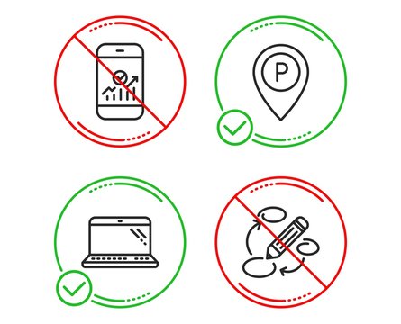 Do or Stop. Parking, Laptop and Smartphone statistics icons simple set. Keywords sign. Park pointer, Computer, Mobile business. Marketing strategy. Business set. Line parking do icon. Vector