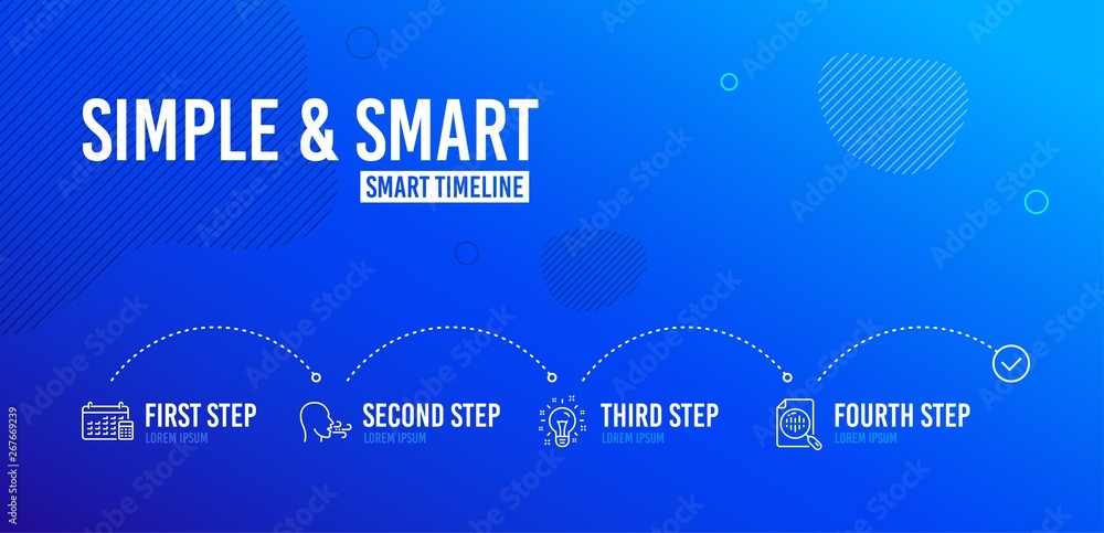 Poster infographic timeline. breathing exercise, idea and calendar icons simple set. analytics chart sign. 