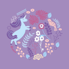 Cute magic Unicorns on a floral background.  Romantic hand drawing illustration