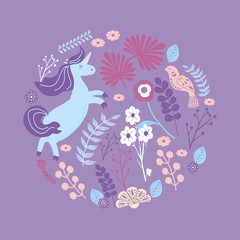 Obraz premium Cute magic Unicorns on a floral background. Romantic hand drawing illustration