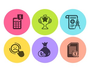 Dislike, Divider document and Calculator icons simple set. Cash, Victory and Financial documents signs. Negative feedback, Report file. Business set. Flat dislike icon. Circle button. Vector