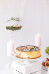 Traditional Polish baked cheescake at wedding reception or birthday party. 