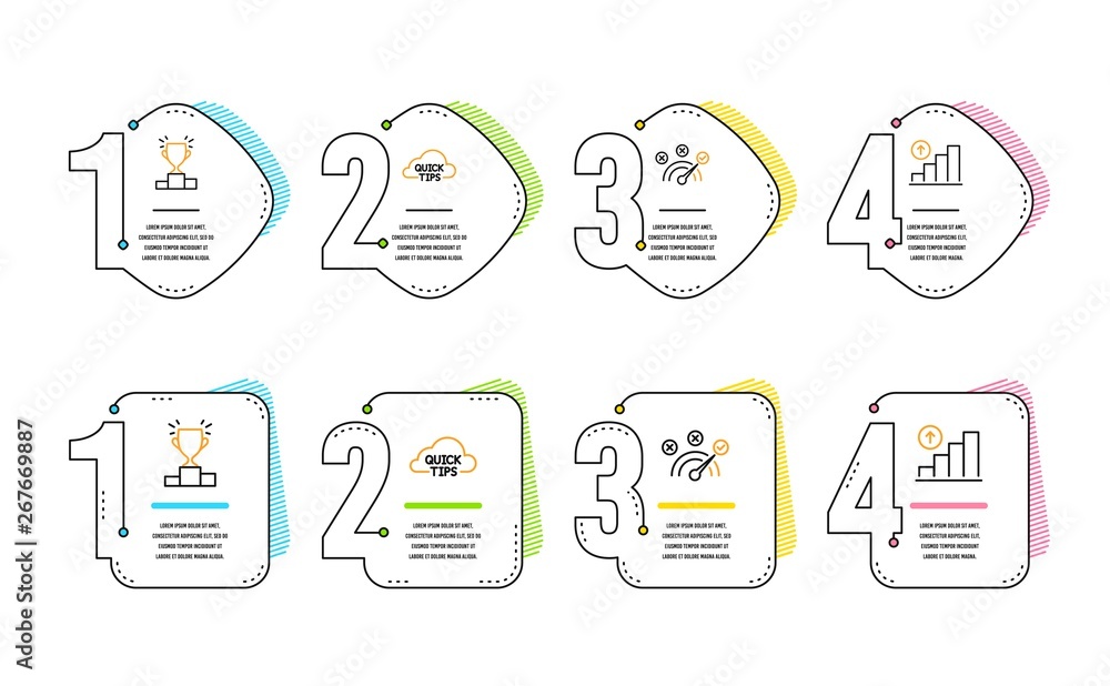 Poster quick tips, winner podium and correct answer icons simple set. graph chart sign. helpful tricks, com