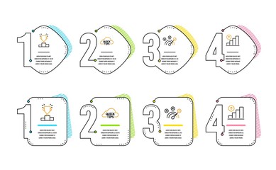 Quick tips, Winner podium and Correct answer icons simple set. Graph chart sign. Helpful tricks, Competition results, Speed symbol. Growth report. Education set. Infographic timeline. Vector