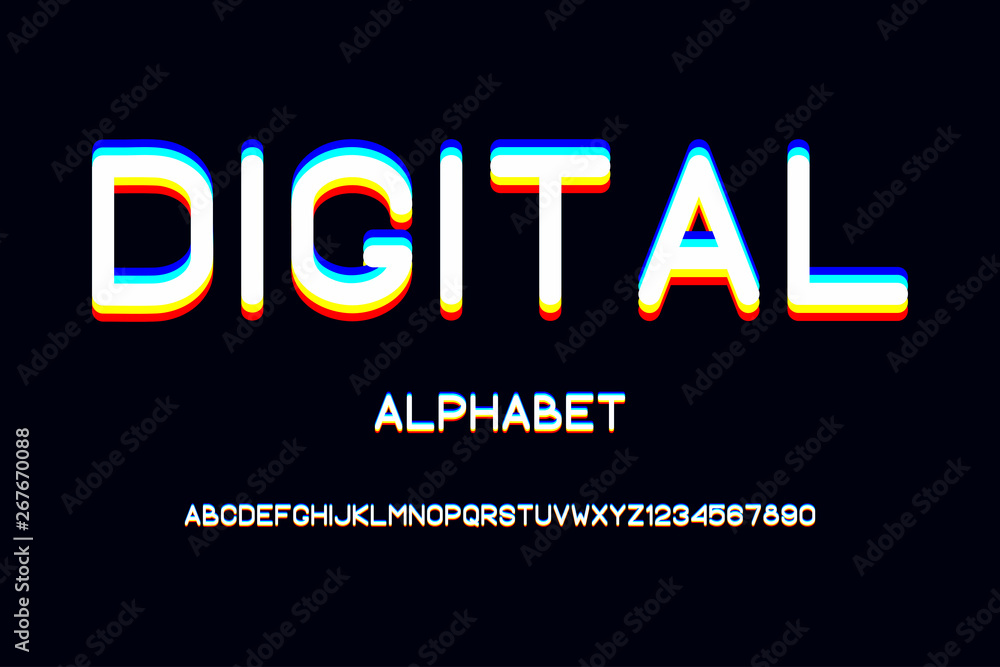 Poster Overlap glitch font. Rounded color alphabet with overlay effect. Vector illustration.