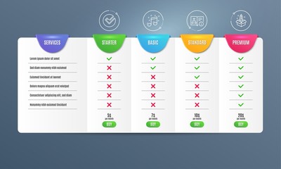 Verify, Technical algorithm and Musical note icons simple set. Comparison table. Startup sign. Selected choice, Project doc, Music. Innovation. Education set. Pricing plan. Compare products. Vector