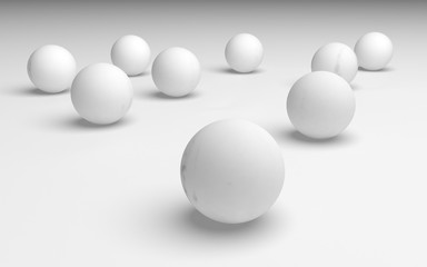 White abstract background. Set of white balls isolated on white backdrop. 3D illustration