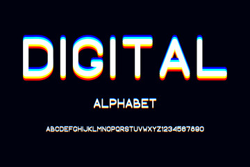Overlap glitch font. Rounded color alphabet with overlay effect. Vector illustration.