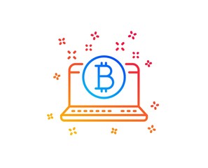 Bitcoin line icon. Cryptocurrency coin sign. Crypto laptop symbol. Gradient design elements. Linear bitcoin icon. Random shapes. Vector