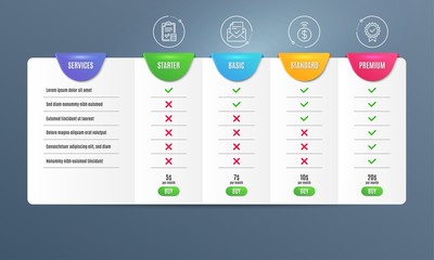 Approved mail, Accounting checklist and Contactless payment icons simple set. Comparison table. Certificate sign. Confirmed document, Calculator, Financial payment. Verified award. Vector