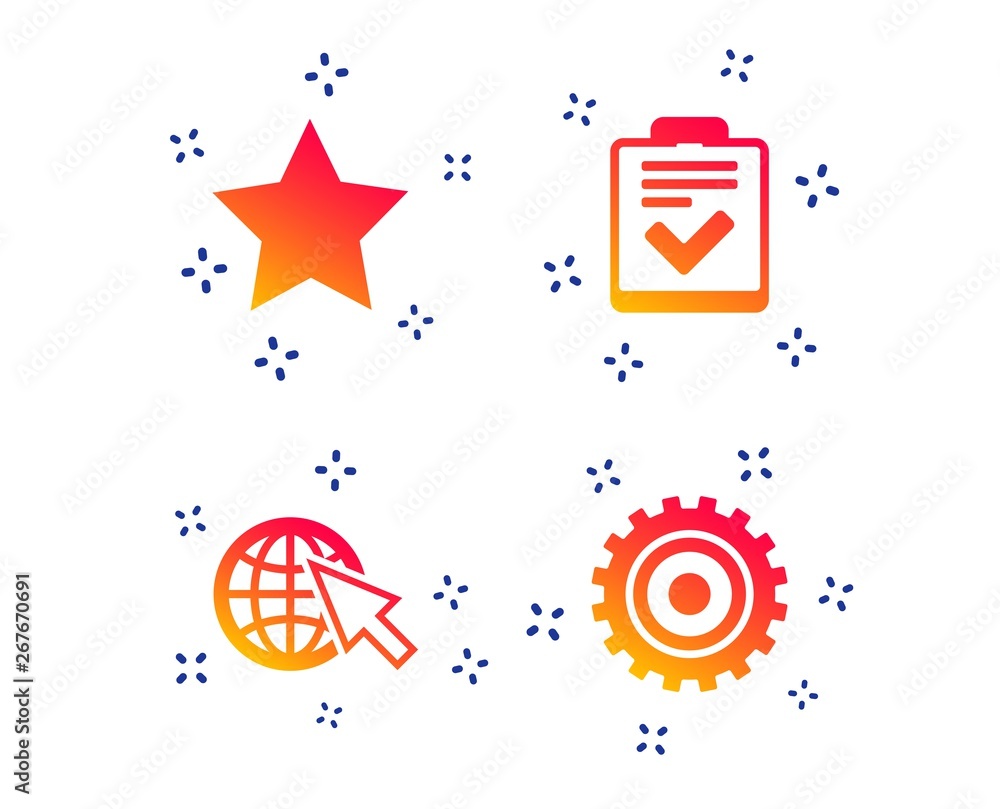 Poster star favorite and globe with mouse cursor icons. checklist and cogwheel gear sign symbols. random dy