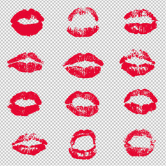 Red Female Lips Lipstick Kiss Print Set Transparent background