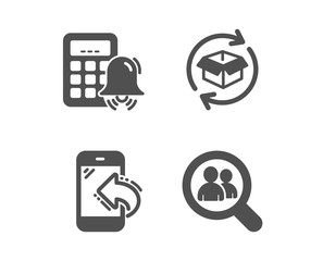 Set of Incoming call, Return parcel and Calculator alarm icons. Search employees sign. Phone support, Exchange of goods, Accounting. Staff analysis.  Classic design incoming call icon. Flat design