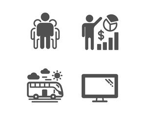 Set of Seo statistics, Bus travel and Group icons. Monitor sign. Analytics chart, Transport, Managers. Computer component.  Classic design seo statistics icon. Flat design. Vector