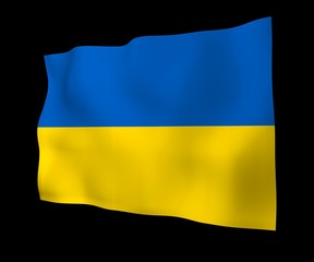 The flag of Ukraine on a dark background. National flag and state ensign. Blue and yellow bicolour. 3D illustration waving flag
