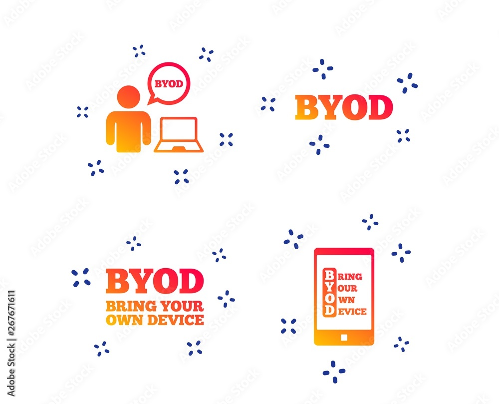 Poster byod icons. human with notebook and smartphone signs. speech bubble symbol. random dynamic shapes. g