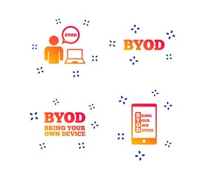 BYOD icons. Human with notebook and smartphone signs. Speech bubble symbol. Random dynamic shapes. Gradient byod icon. Vector