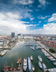 Fototapeta premium View from above of Kattendijkdok-Westkaai and Jachthaven Willemdok marina, Antwerp, Belgium