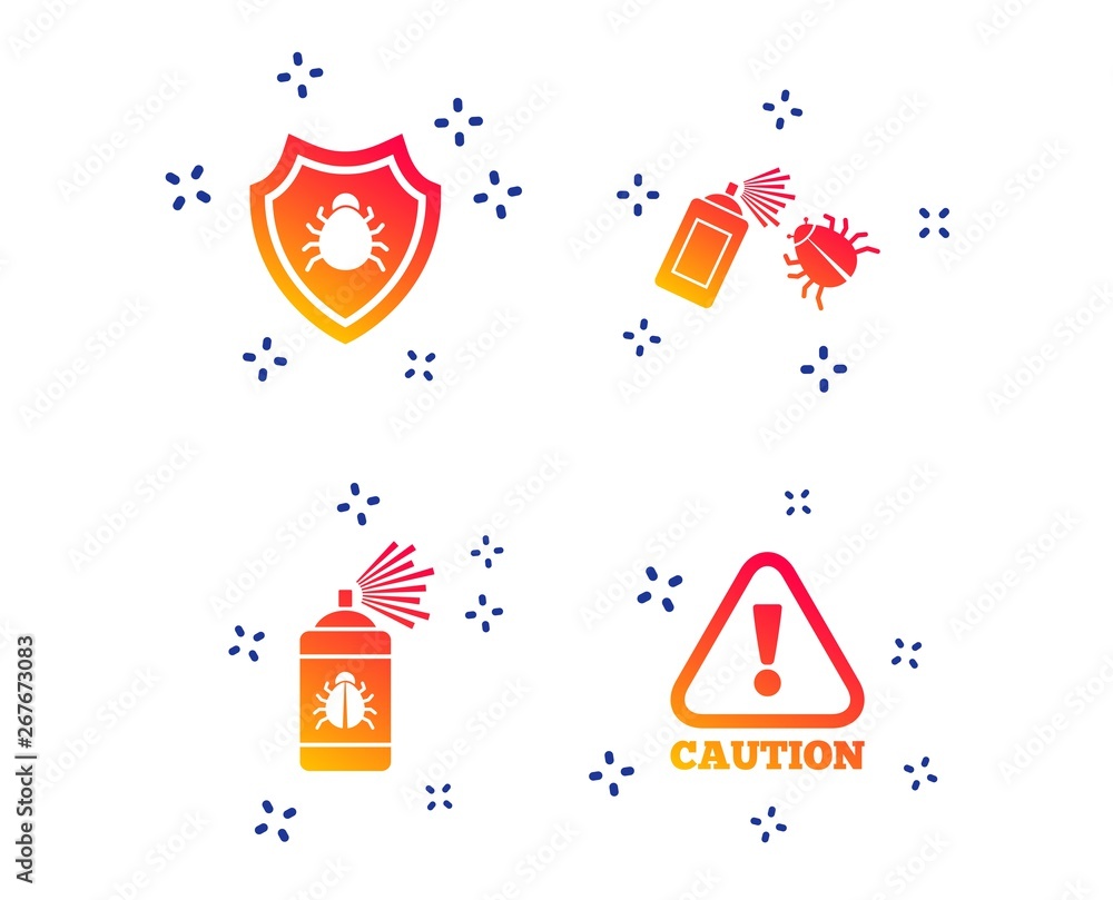 Poster bug disinfection icons. caution attention and shield symbols. insect fumigation spray sign. random d