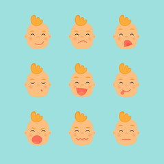 Emotions of a newborn baby, portrait. Flat design vector illustration.