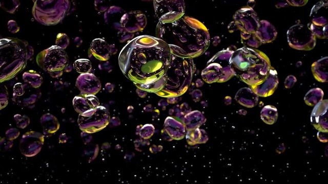 Colorful Water Drops bubbles on black background. 3d rendering.