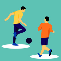 Fototapeta na wymiar Vector set with running men playing footbal kicking the ball. Bright cartoon silhouette on blue backdrop. Sport activity games.