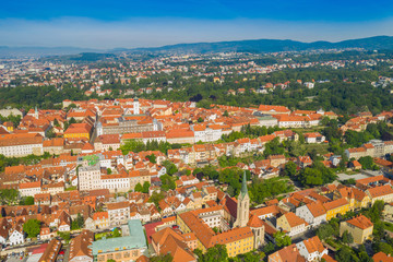 Fototapeta na wymiar Croatia, panoramic view on Upper town in Zagreb, red roofs and palaces of old baroque center