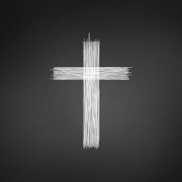 Hand drawn cross. Grunge cross. Cross made with pencil. Line cross. Vector illustration isolated on black background.