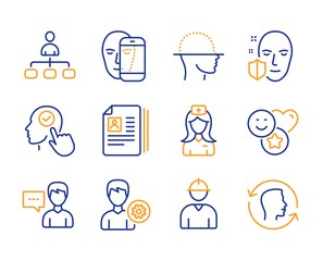 Face scanning, Face protection and Select user icons simple set. Cv documents, Engineer and Support signs. Smile, Hospital nurse and Person talk symbols. Management. Line face scanning icon. Vector